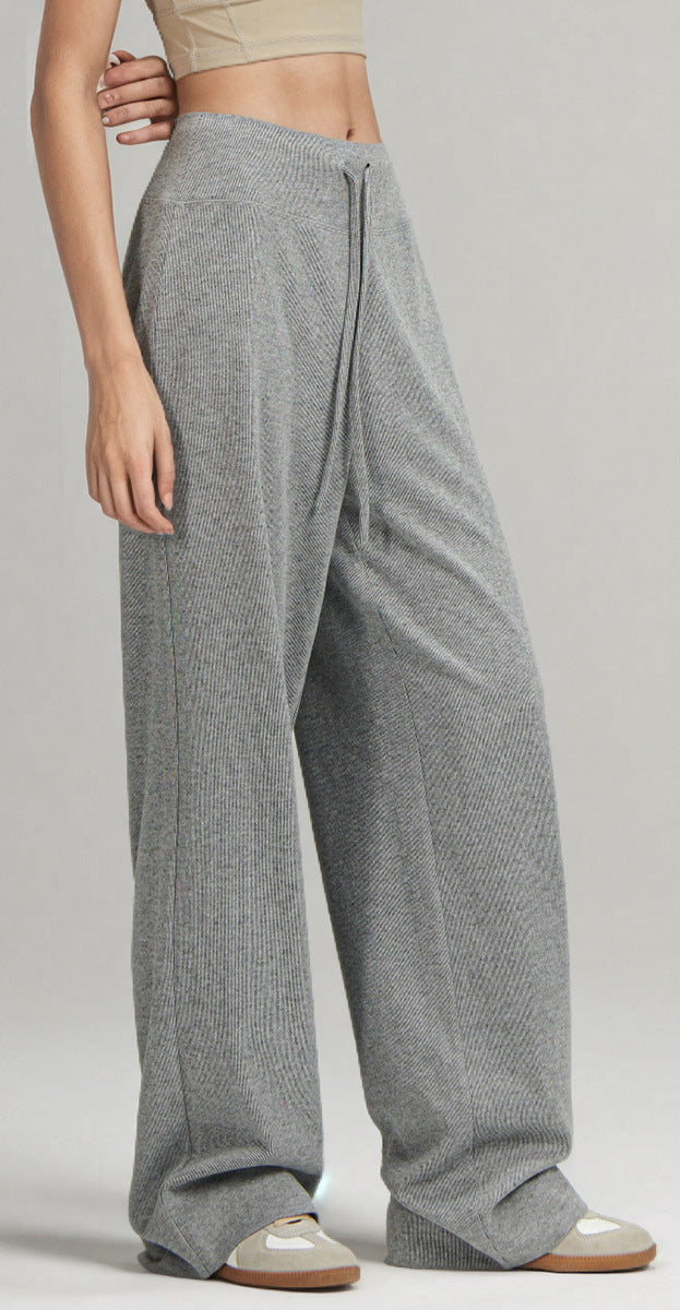 Gray knit lounge pants with drawstring waistband, wide-leg fit