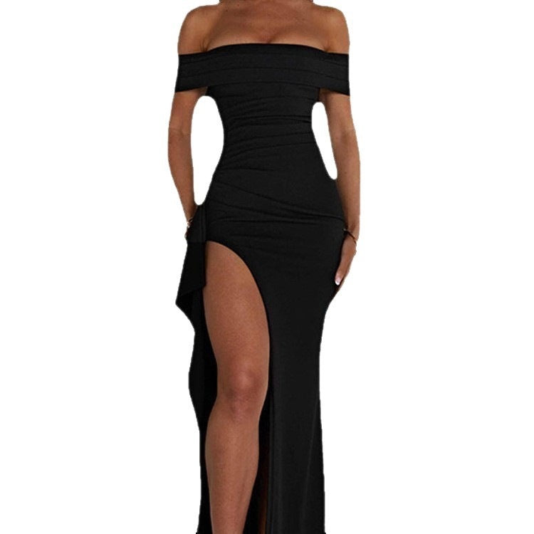Black off-shoulder ruched mermaid maxi dress with high leg slit and side drape