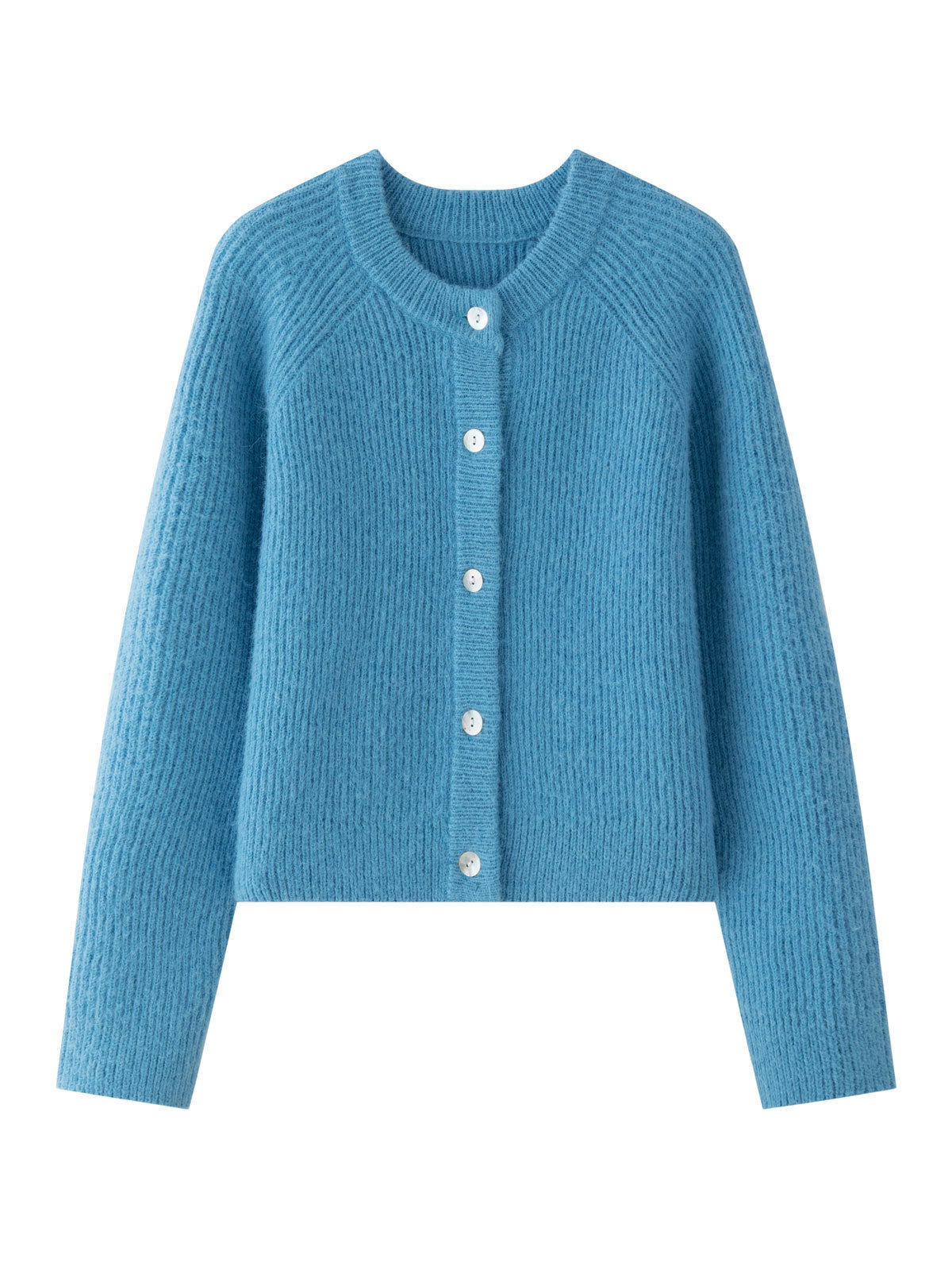 Blue knitted cardigan with ribbed texture, round neck and button front