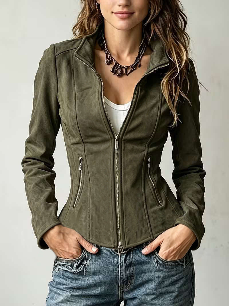 Women's fitted suede-style stand-collar zip jacket with front pockets, army green