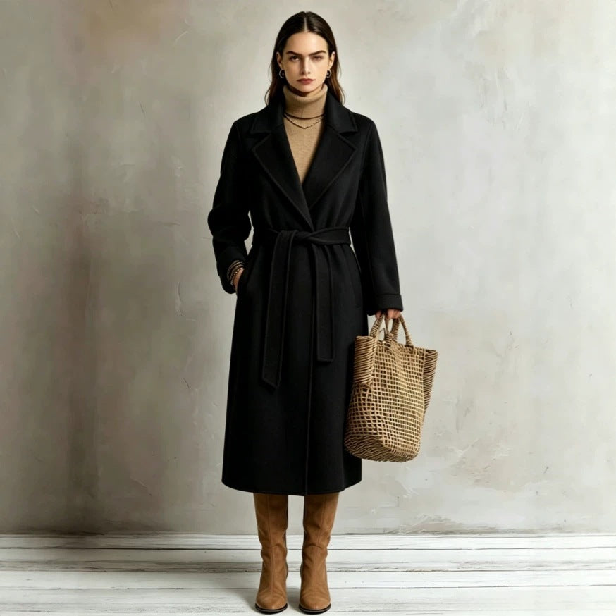 Black long lapel coat with tie belt, women’s wool-style overcoat