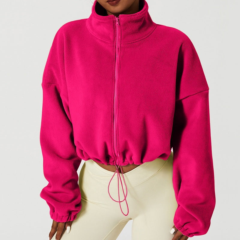 Women’s fleece-lined jacket in bright pink, full-zip stand collar, ruched drawstring hem