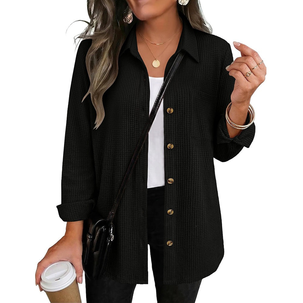 Women's waffle-knit button-up shirt, long sleeves, black