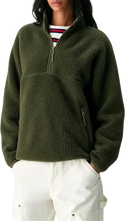 Women's fleece quarter-zip sweater, olive green teddy fabric