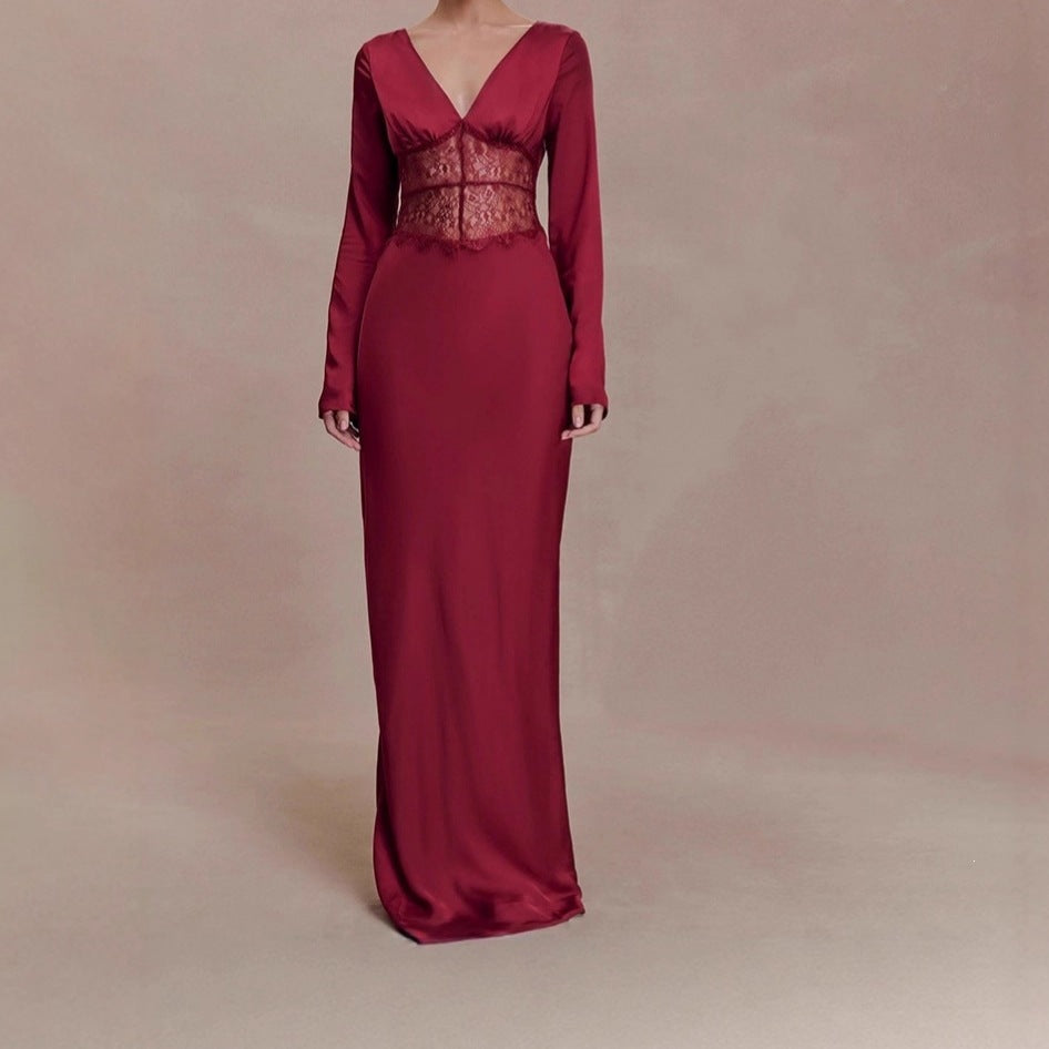 Satin Maxi Dress with Long Sleeves — Deep V Neck Evening Gown with Lace Waist