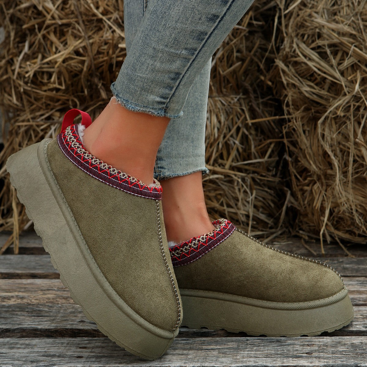 Platform Slippers for Women — Fur Lined Slip On Mules with Embroidered Trim