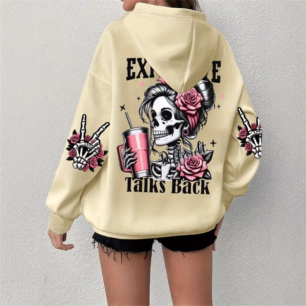 Light beige hooded sweater with back skull and roses graphic, long sleeves