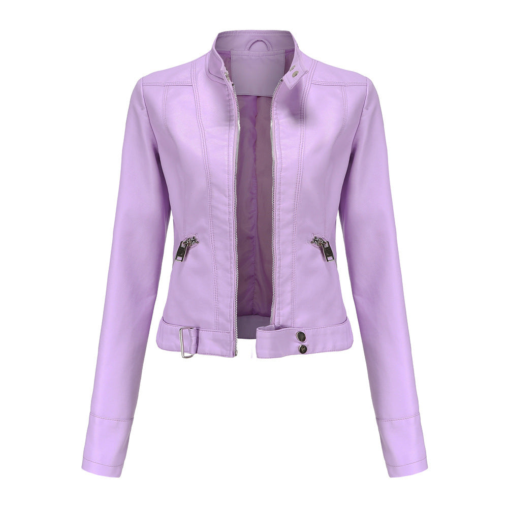 Purple faux leather cropped biker jacket with front zip, stand collar, and chest zip pockets