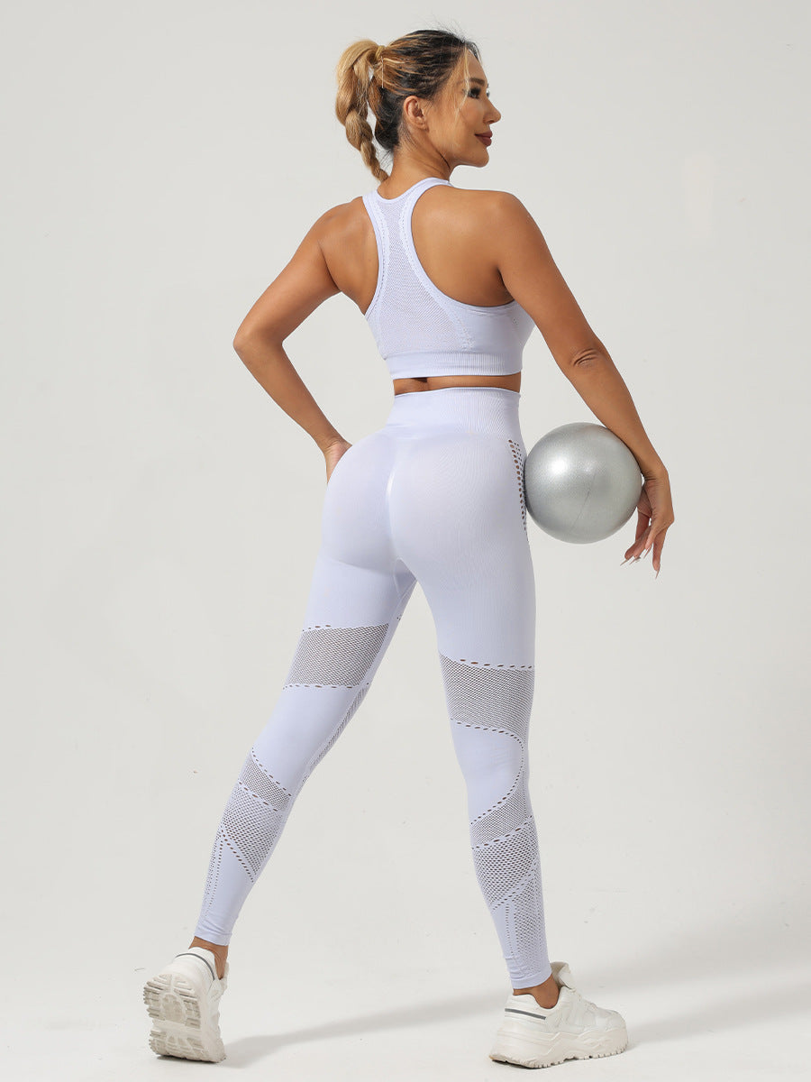Seamless Workout Set for Women — Racerback Sports Bra and Mesh Panel Leggings in Nylon