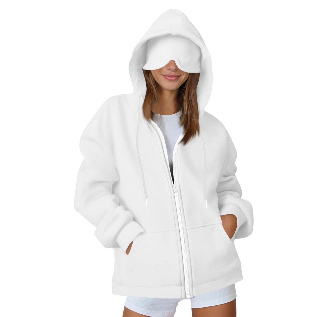 Women\'s zip-up hooded sweatshirt jacket in white, full front zipper, side pockets