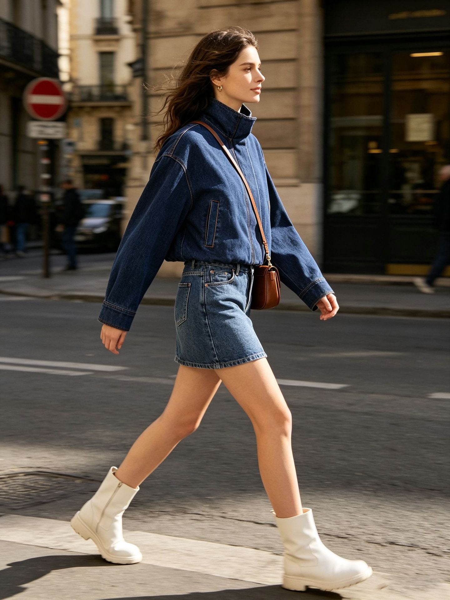 Cropped Denim Jacket for Women — Oversized Zip-Up Style with Elastic Hem