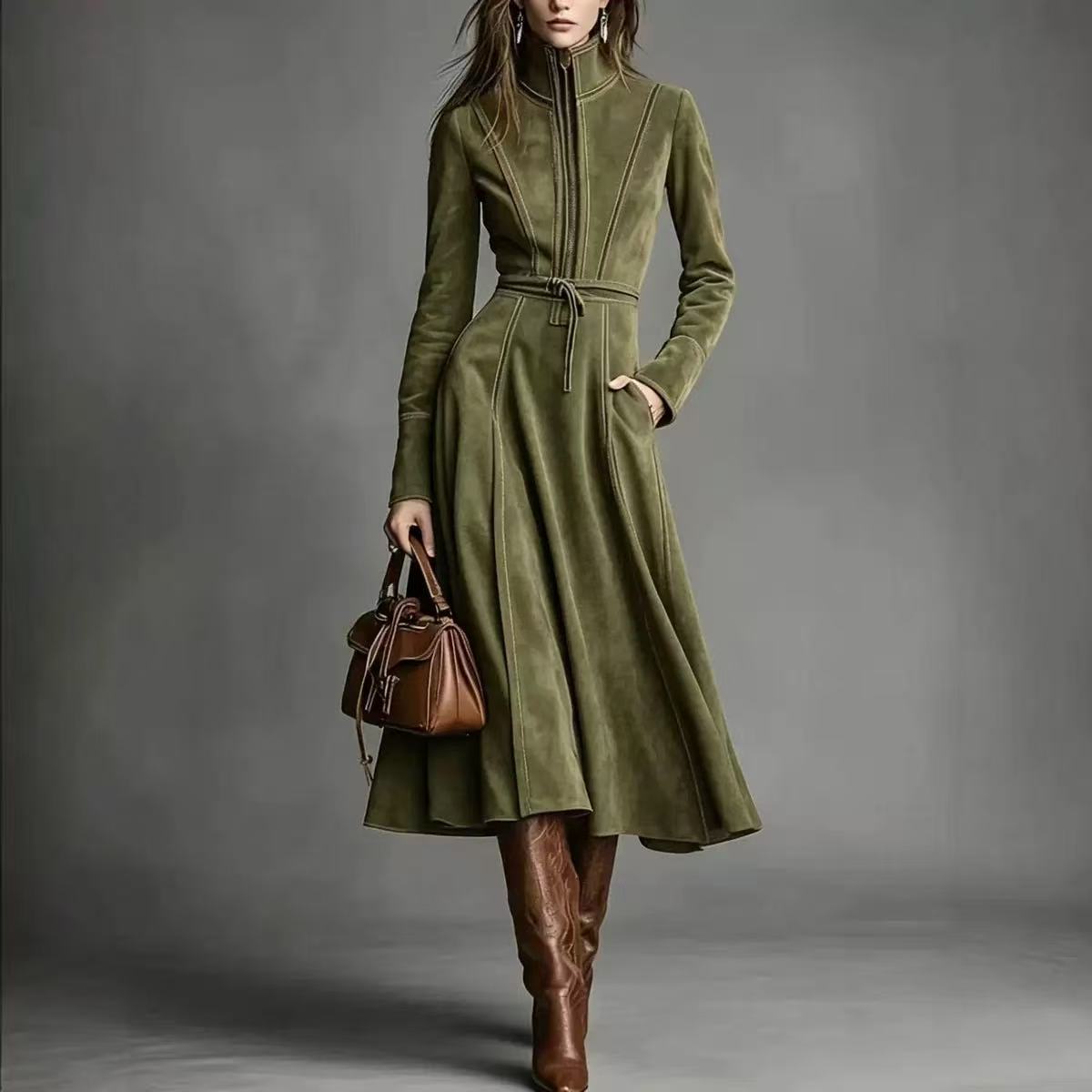 Olive green stand-collar long-sleeve dress with drawstring waist, pockets, and flared skirt.