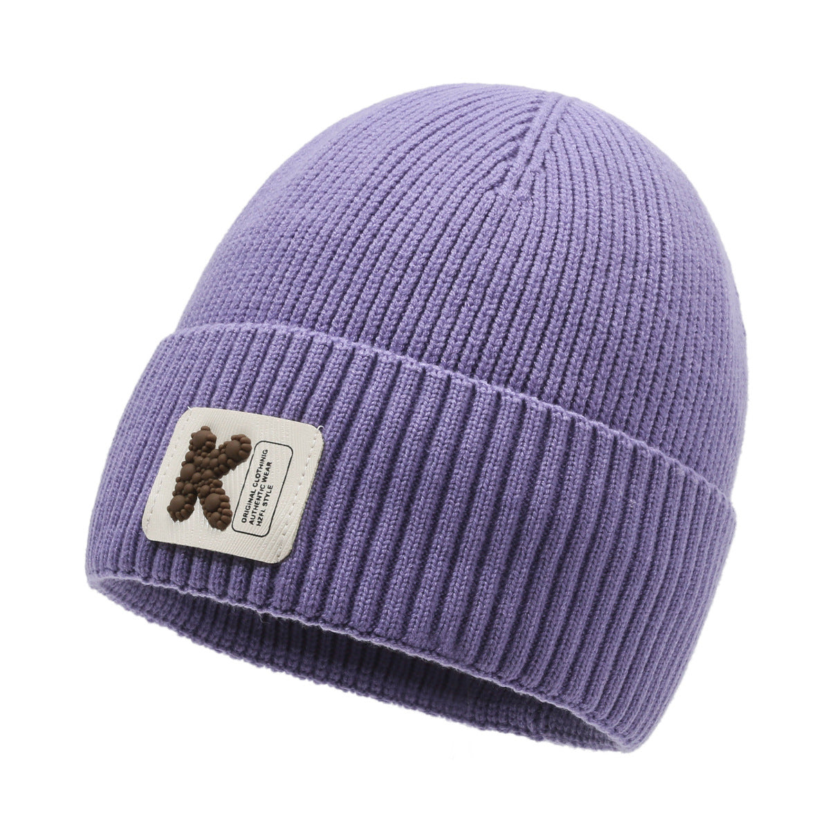 Women's knitted beanie hat, purple rib-knit cuff with small label patch