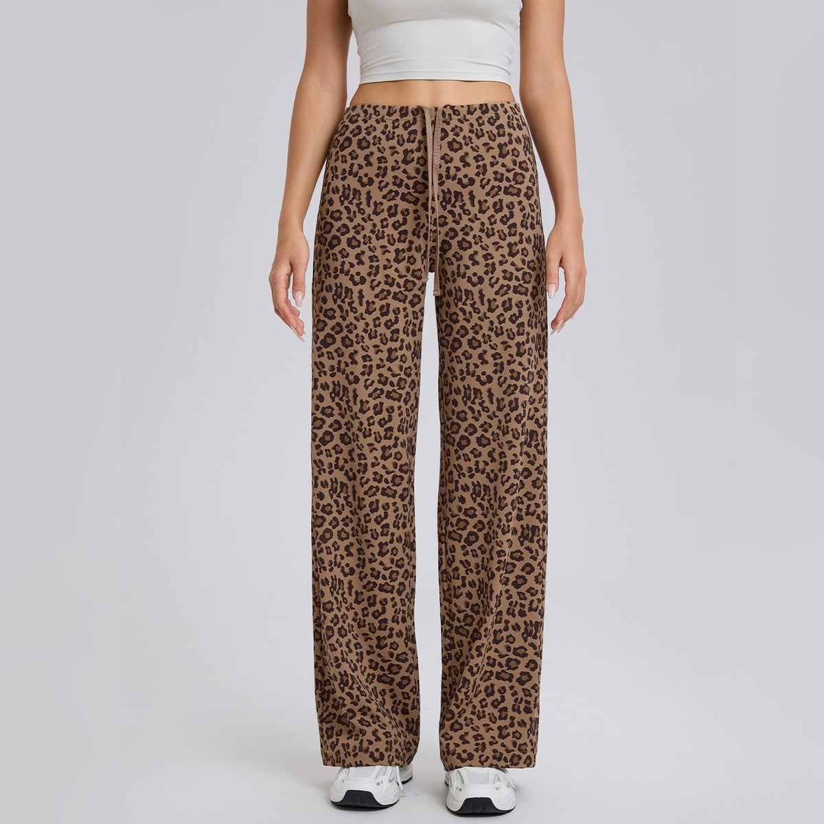 Coffee-brown leopard print straight-leg pants with elastic waistband, full length