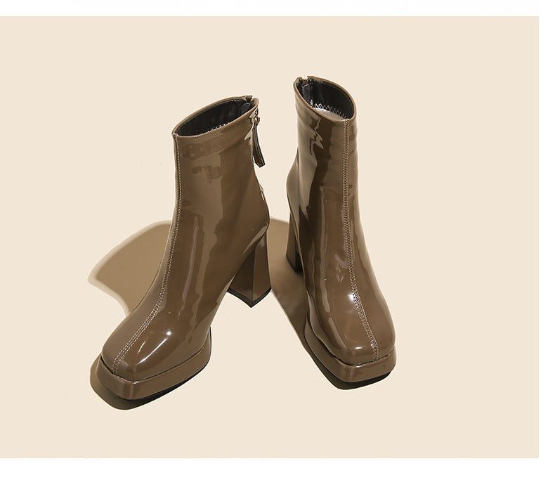 Patent Leather Ankle Boots for Women — Square Toe Platform with a Block Heel