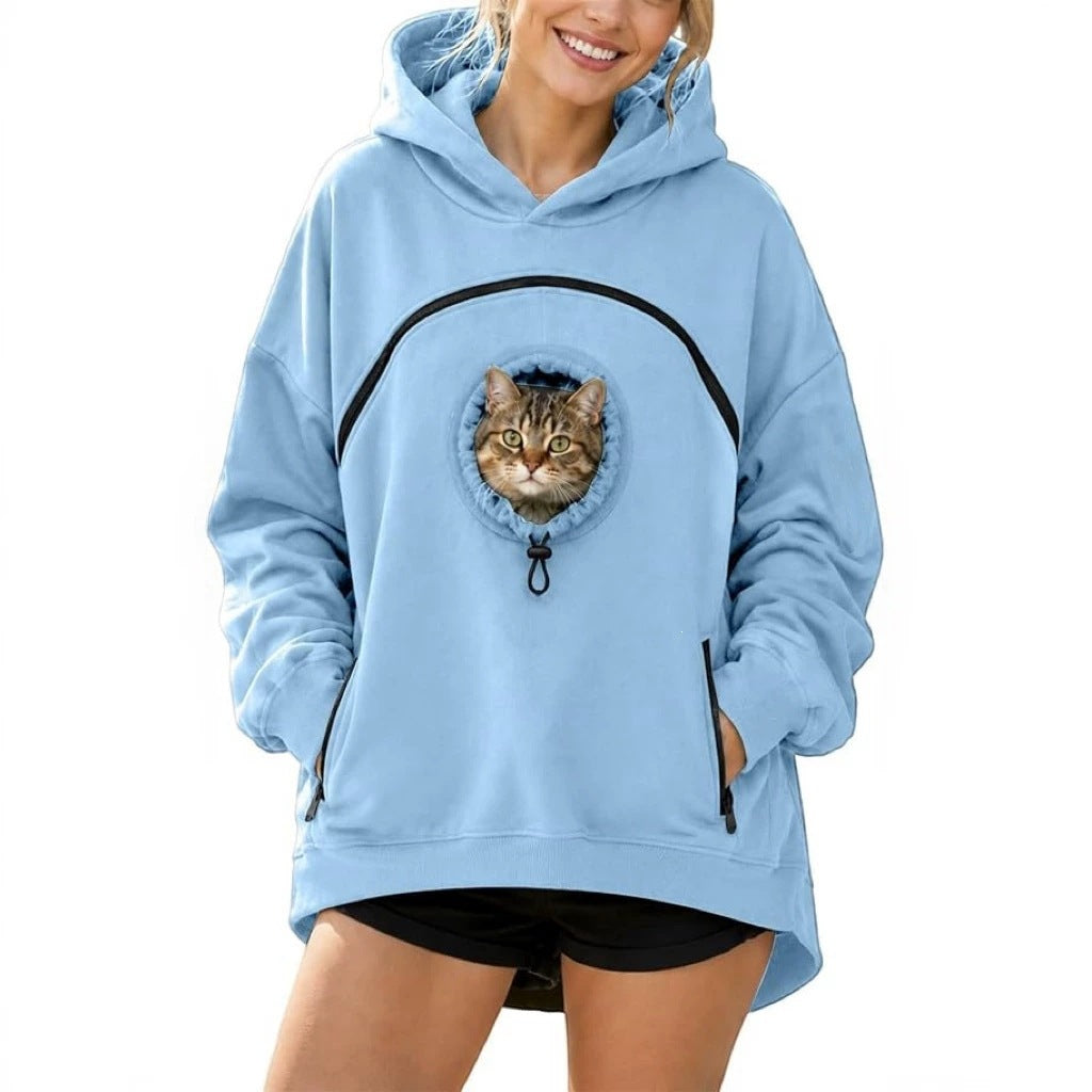Sky blue hooded sweatshirt with cat graphic, kangaroo pocket, and drawstring hood