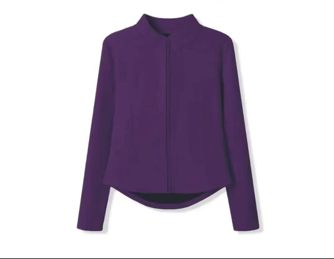 Purple zip-up stand-collar knit cardigan sweater with long sleeves