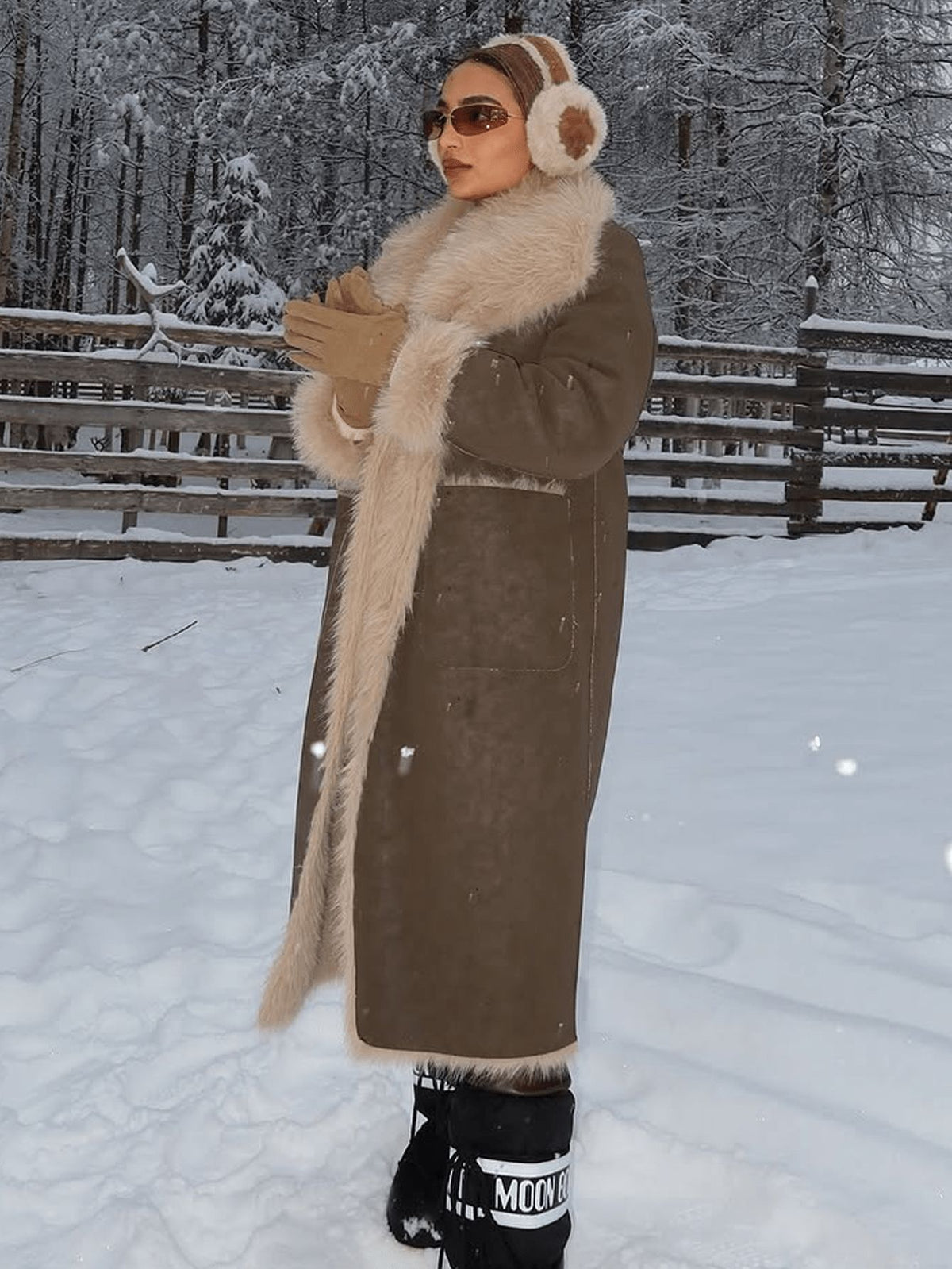 Shearling Coat for Women — Long Faux Suede with Oversized Faux Fur Collar and Cuffs