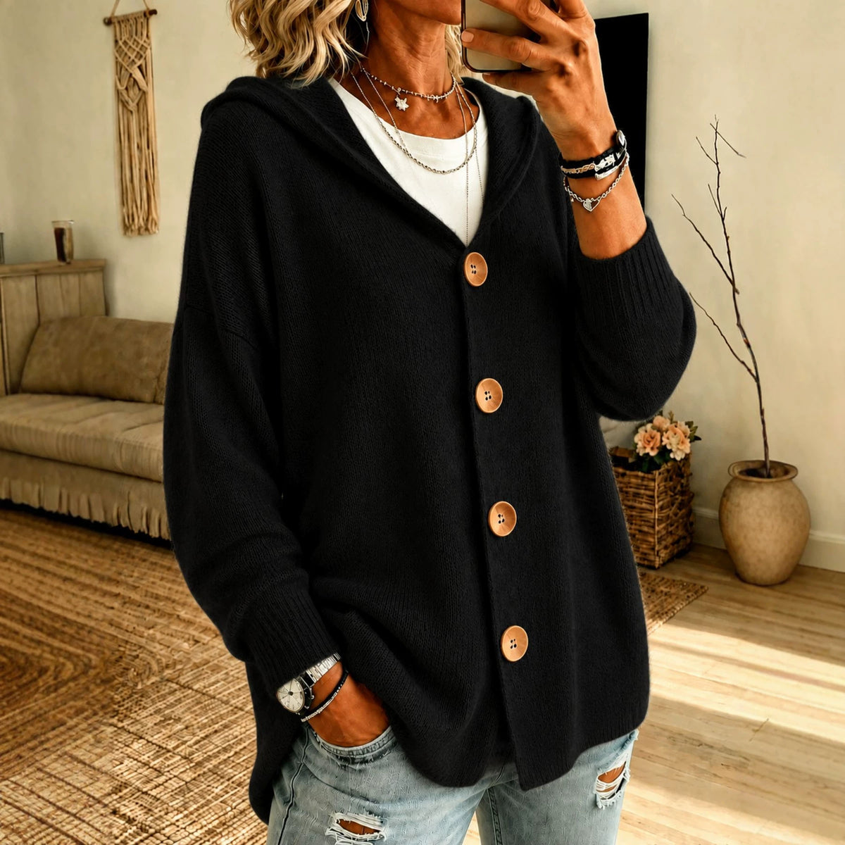 Hooded knitted button-down cardigan sweater in black, long sleeves