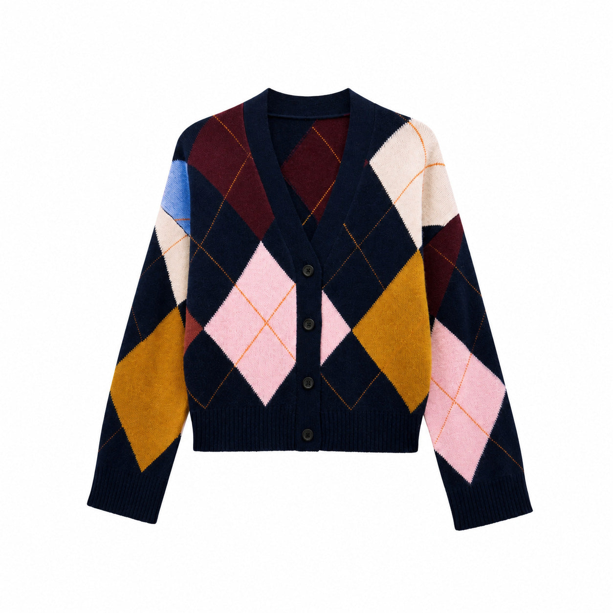 Argyle Cardigan for Women — V Neck Button Front Cropped Knit in Wool Blend