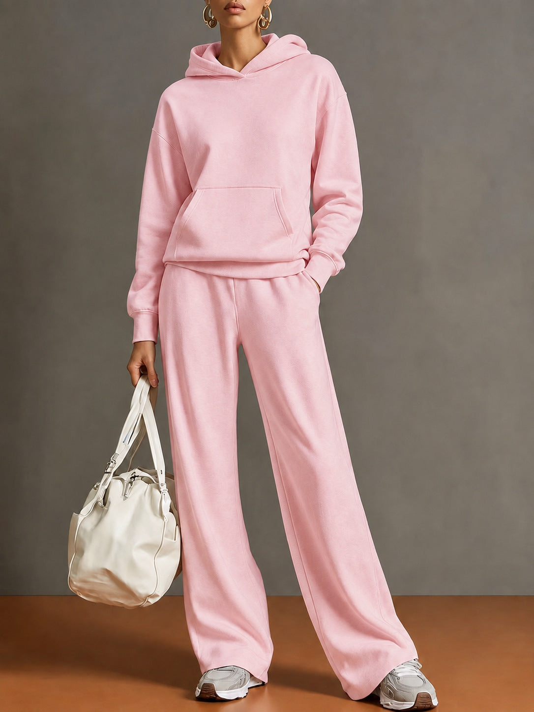 Women's hooded sweatshirt and wide-leg pants set, pink, loose fit.