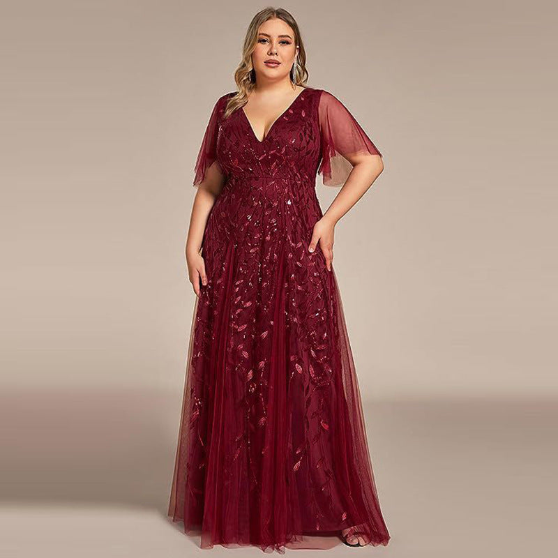 Wine red sequined mesh bridesmaid dress, V-neck, short sheer sleeves, mermaid hem