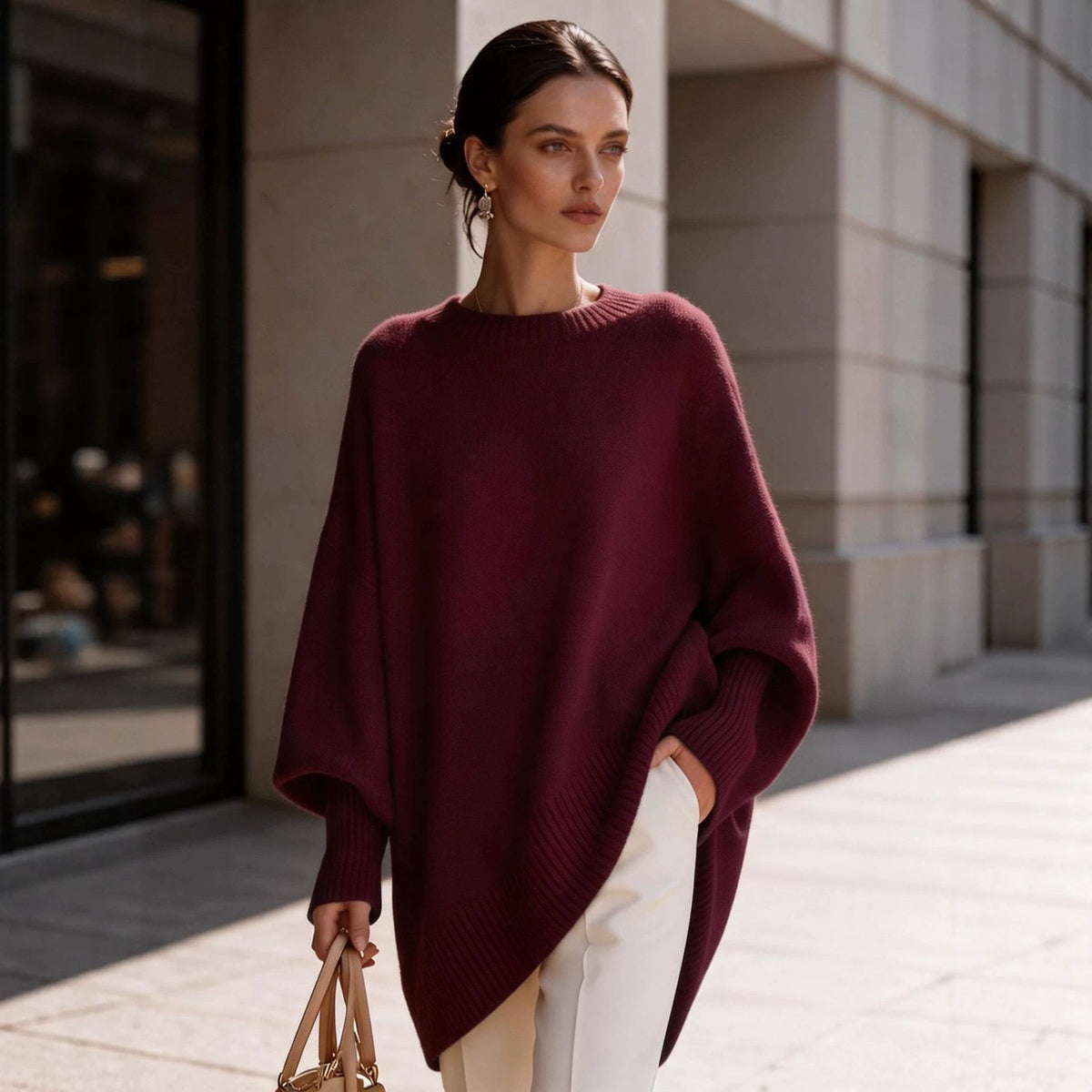 Plus-size knit sweater, solid wine red, round neck pullover with loose batwing sleeves