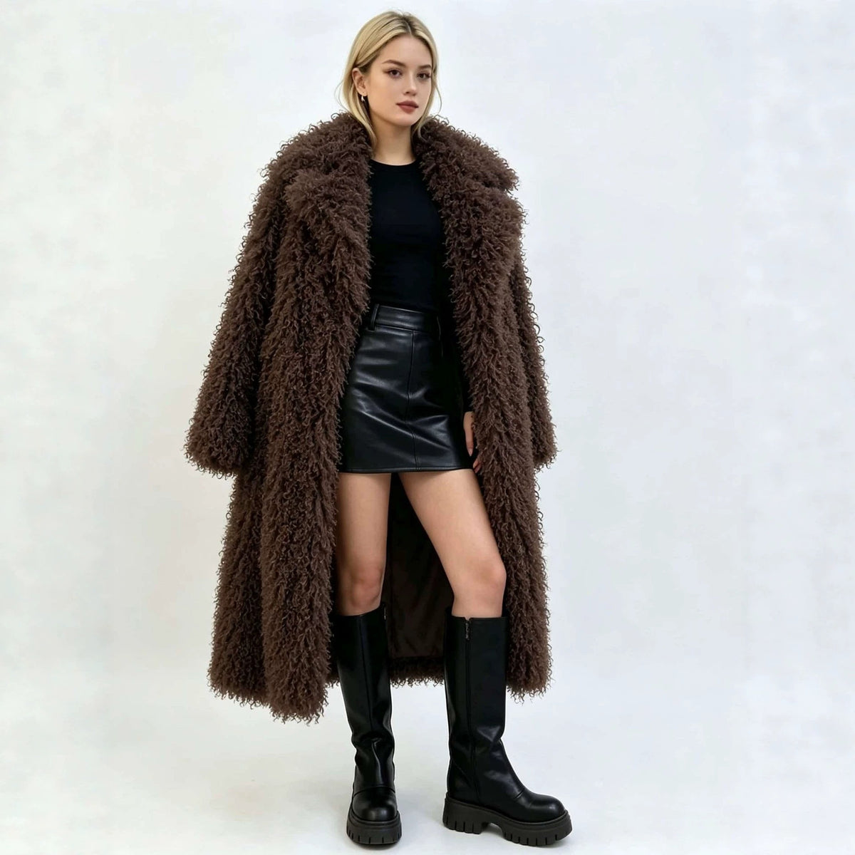 Women’s long faux fur coat, dark brown shaggy texture with open front