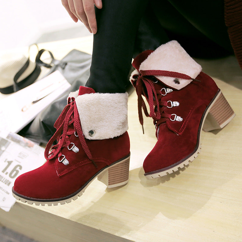 Women’s lace-up short boots with faux-fur cuffs, chunky heel, burgundy and red tones.