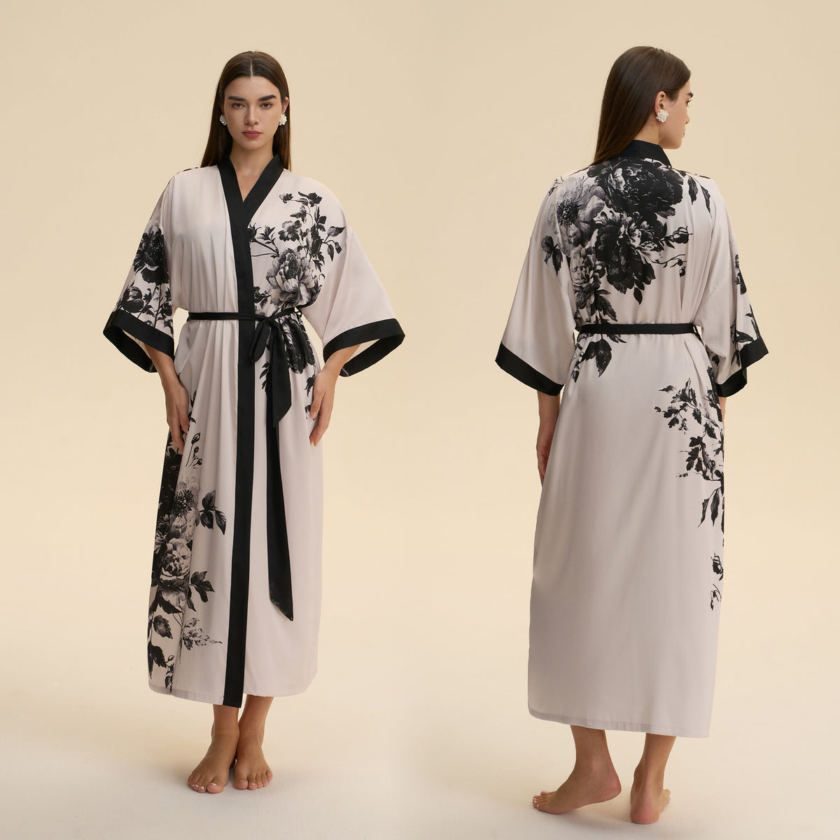 White satin long robe with black floral print, belted waist and short wide sleeves