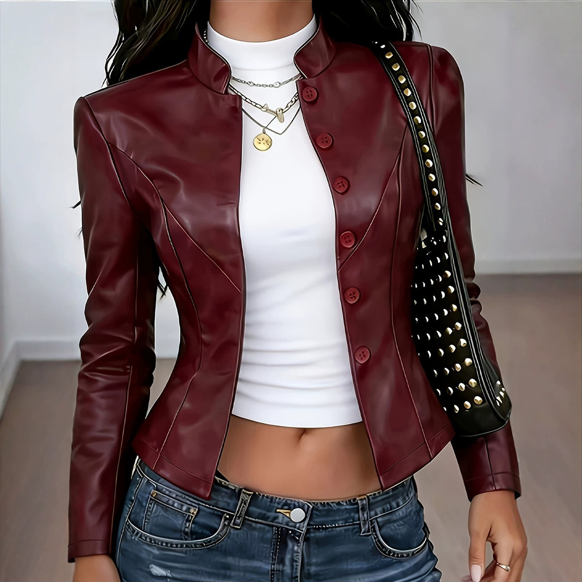 Women’s wine-red leather jacket with button-front, tailored slim fit