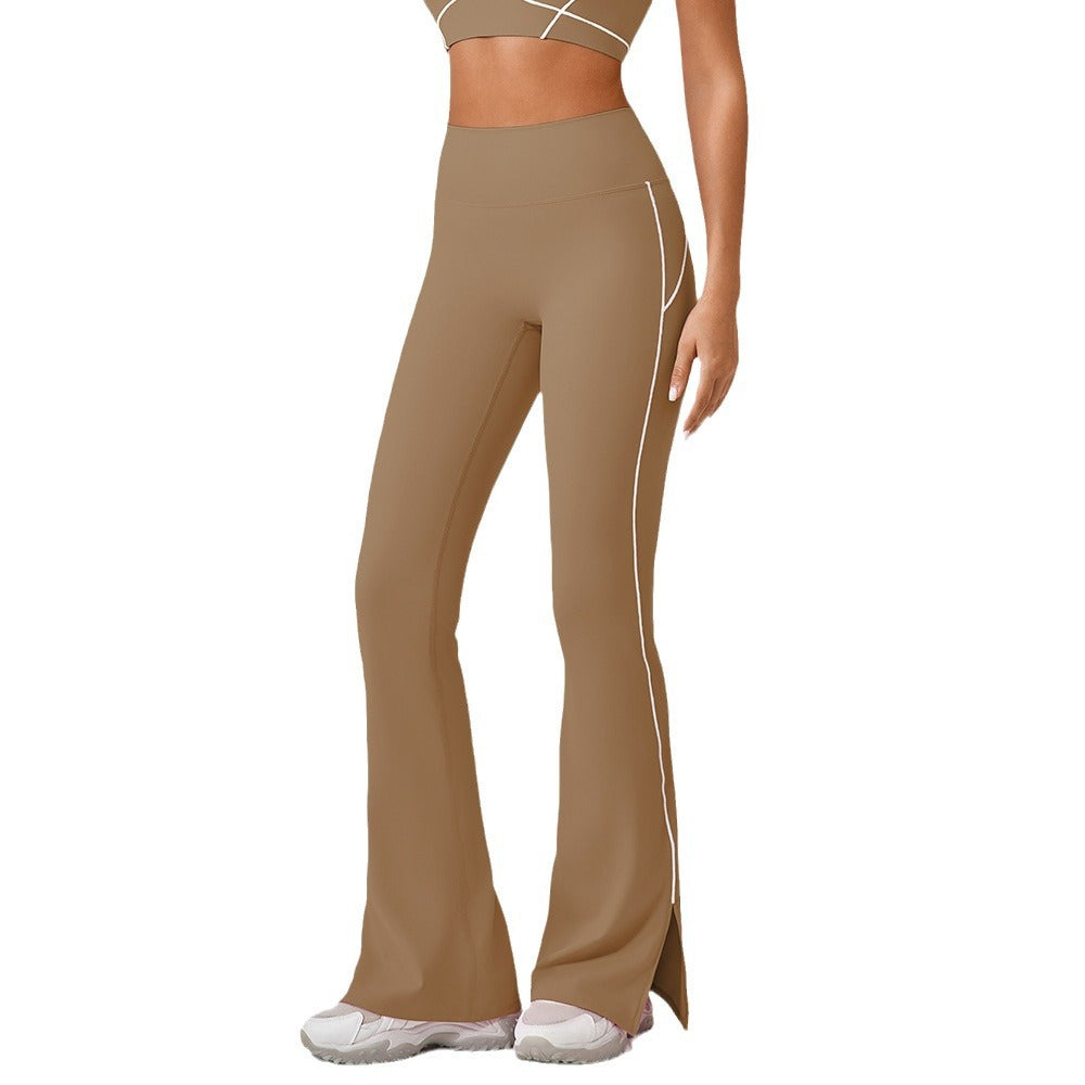 High-waist yoga bell pants, deep khaki brown with side slit and contrast piping