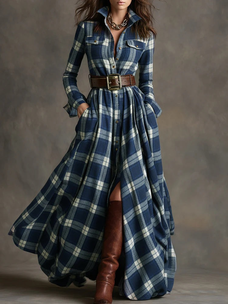 Blue plaid maxi shirt dress with button front, long sleeves, corset-style belt, front slit