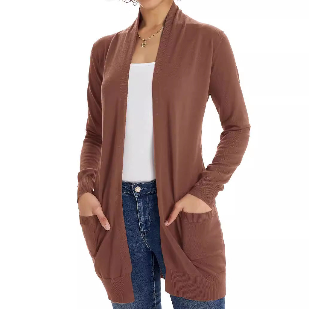Lightweight brown cardigan with open front, long sleeves, and patch pockets
