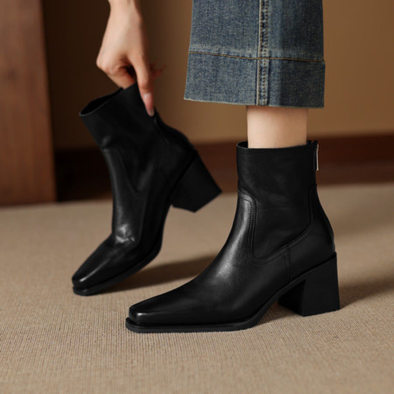 Leather Ankle Boots for Women — Square Toe with Stacked Block Heel and Back Zip