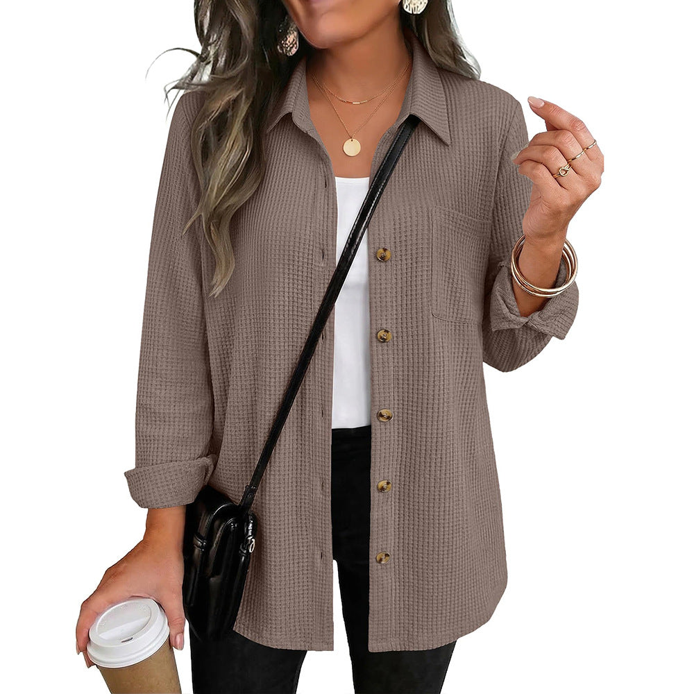 Women's waffle-knit button-up shirt, long sleeves, taupe