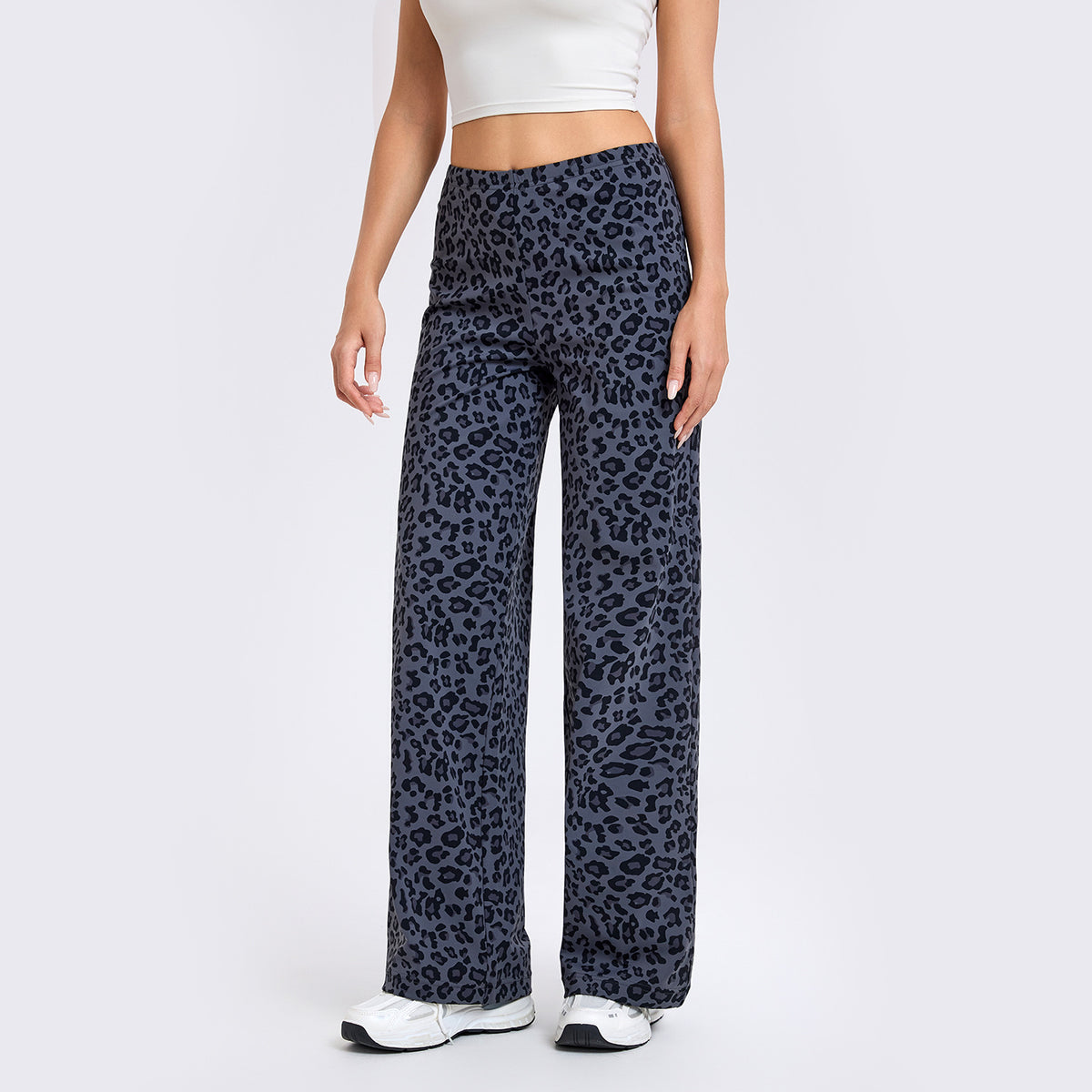 Dark gray leopard print straight-leg pants with high-rise elastic waist