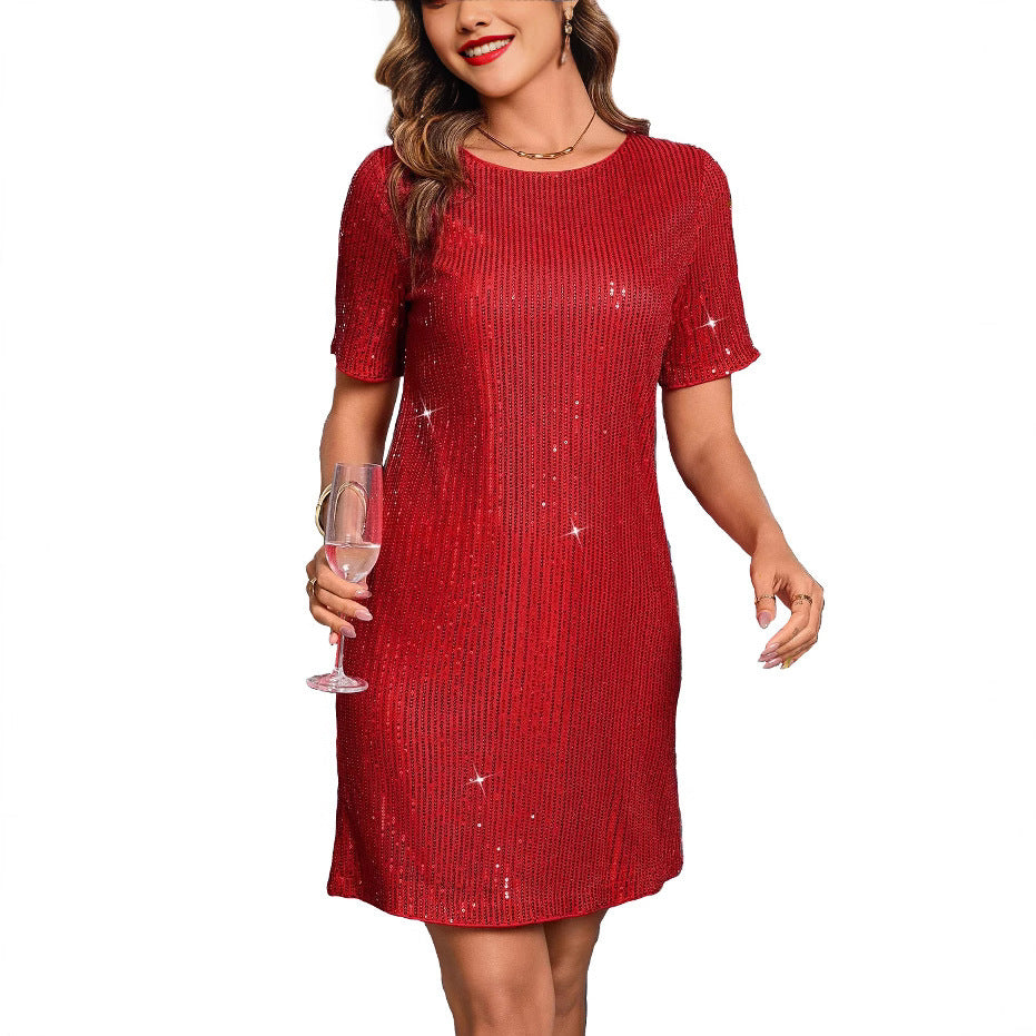 Women's red sequin short-sleeve dress with round neckline