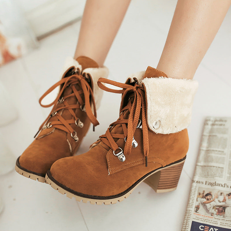 Women’s lace-up short boots with faux-fur cuffs, chunky heel, brown with tan laces.