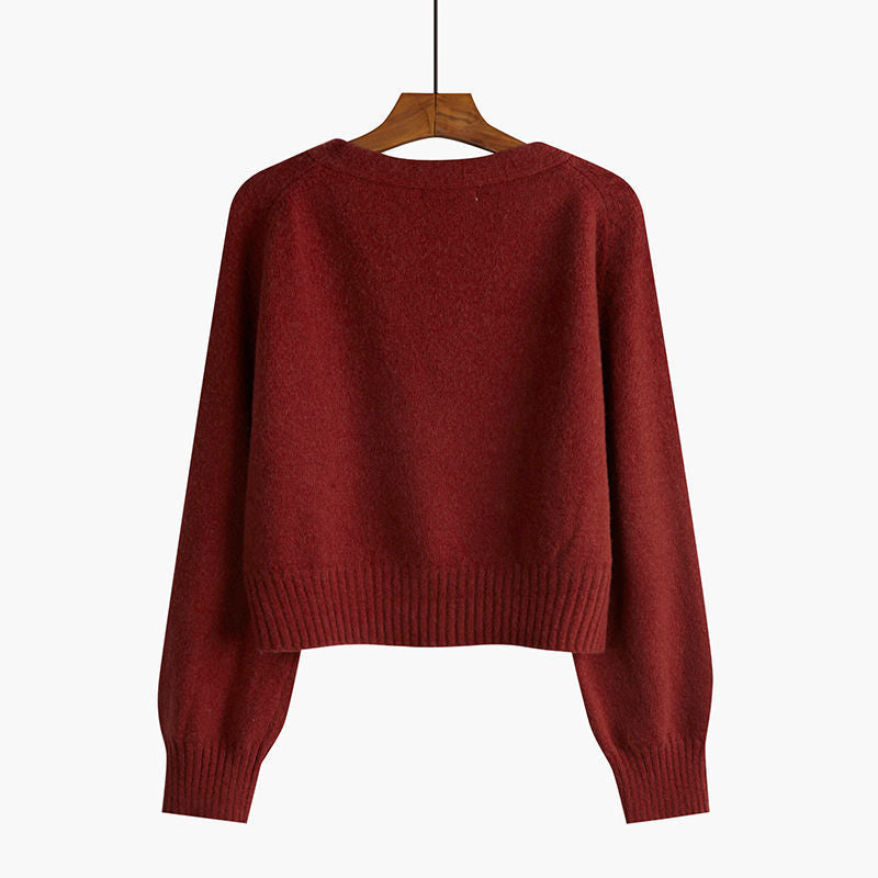 Women's knitted V-neck button cardigan, wine red, back view, long sleeves