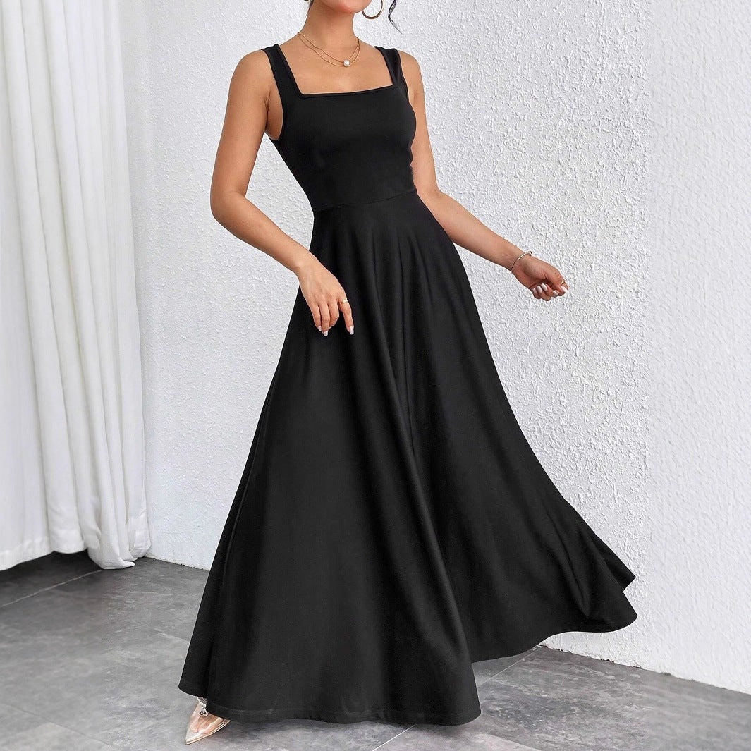 Women's square-neck sleeveless maxi dress in black with wide A-line skirt