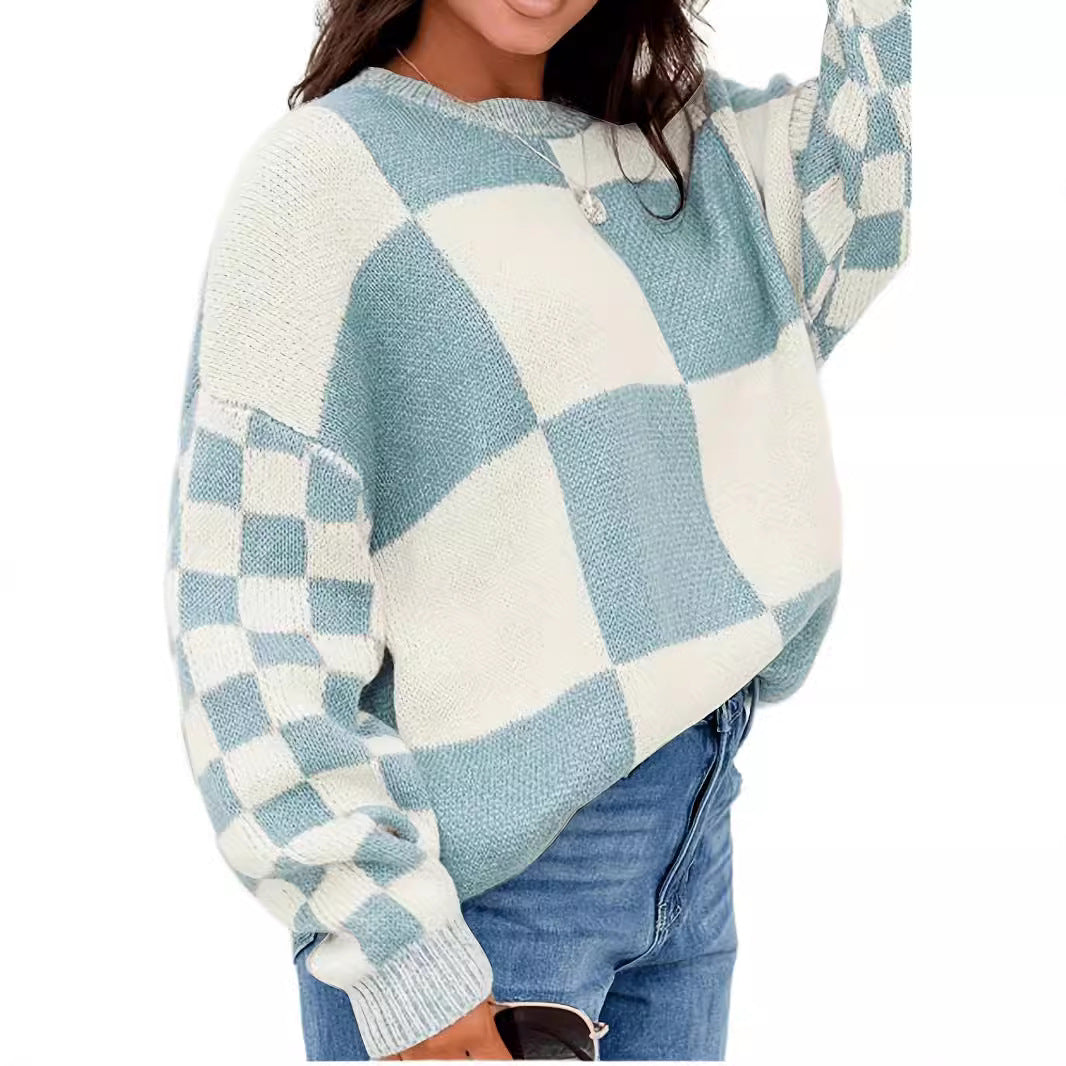 Checkered Knit Sweater for Women — Oversized Crew Neck Pullover with Balloon Sleeves in Brushed Wool