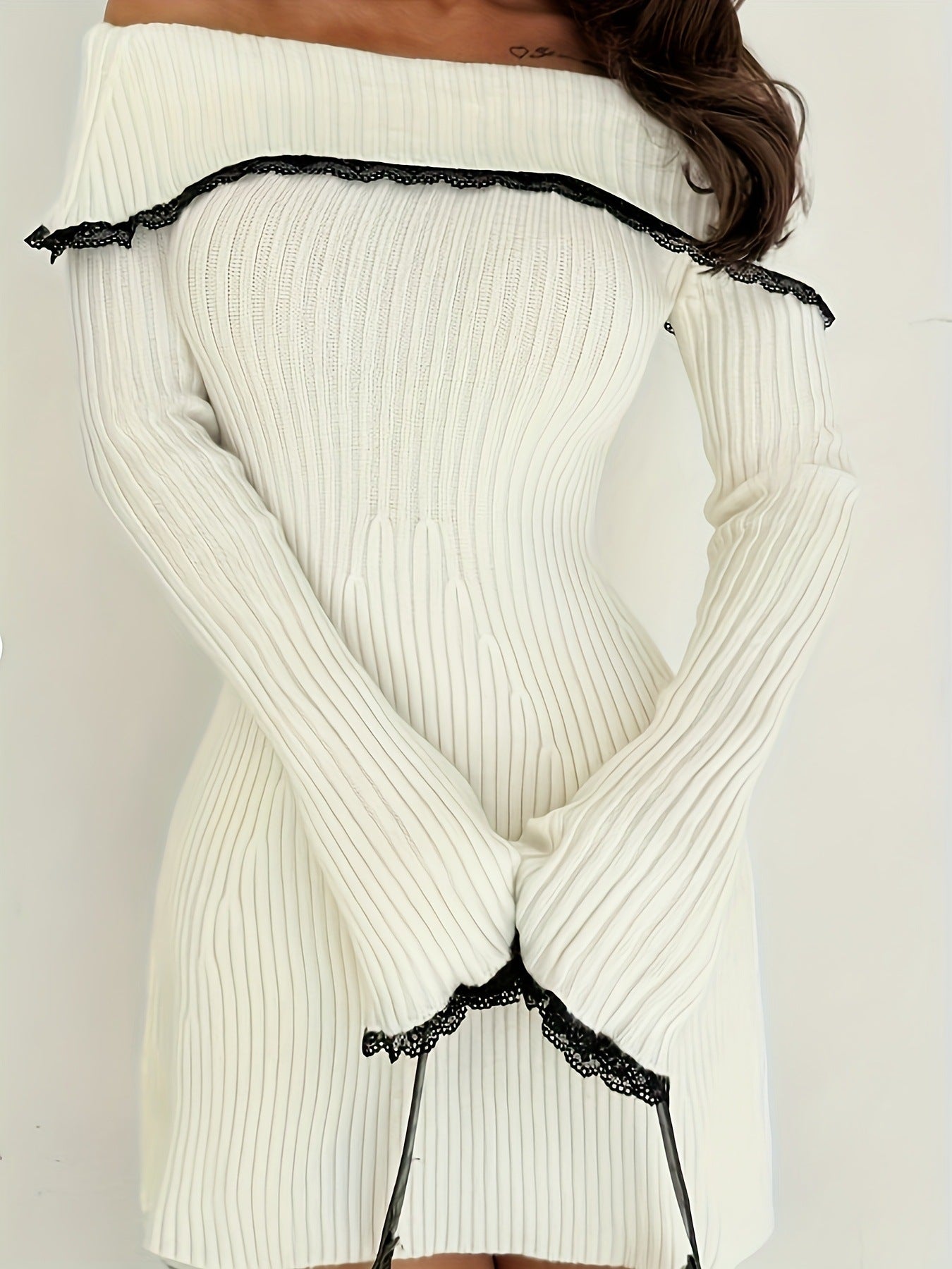 Off Shoulder Mini Dress — Ribbed Knit Bodycon with Lace Trim Bell Sleeves in Viscose