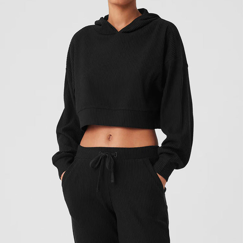 Black corduroy hooded pullover sweater and matching jogger pants set, long sleeves