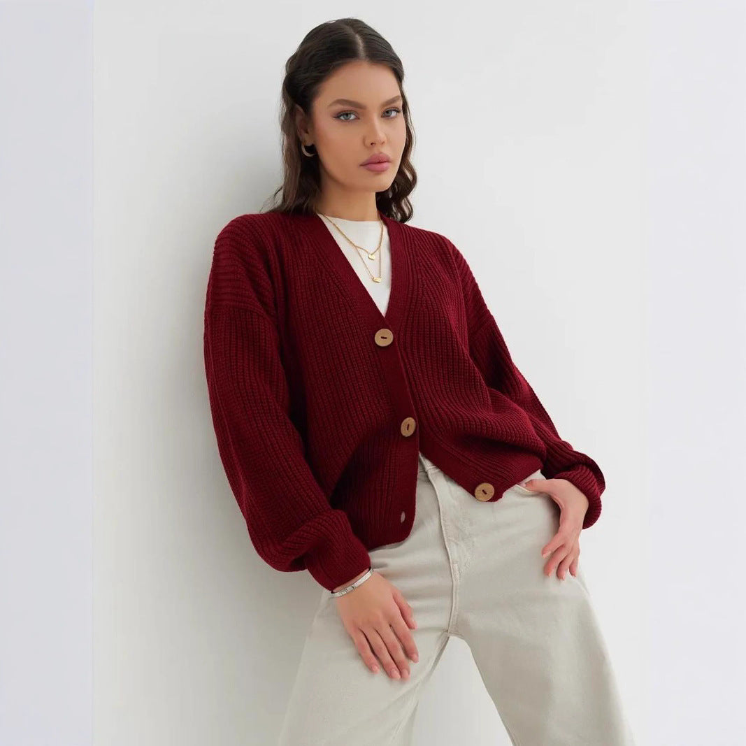 Women’s wine-red knitted cardigan sweater, button-front V-neck, ribbed cuffs and hem