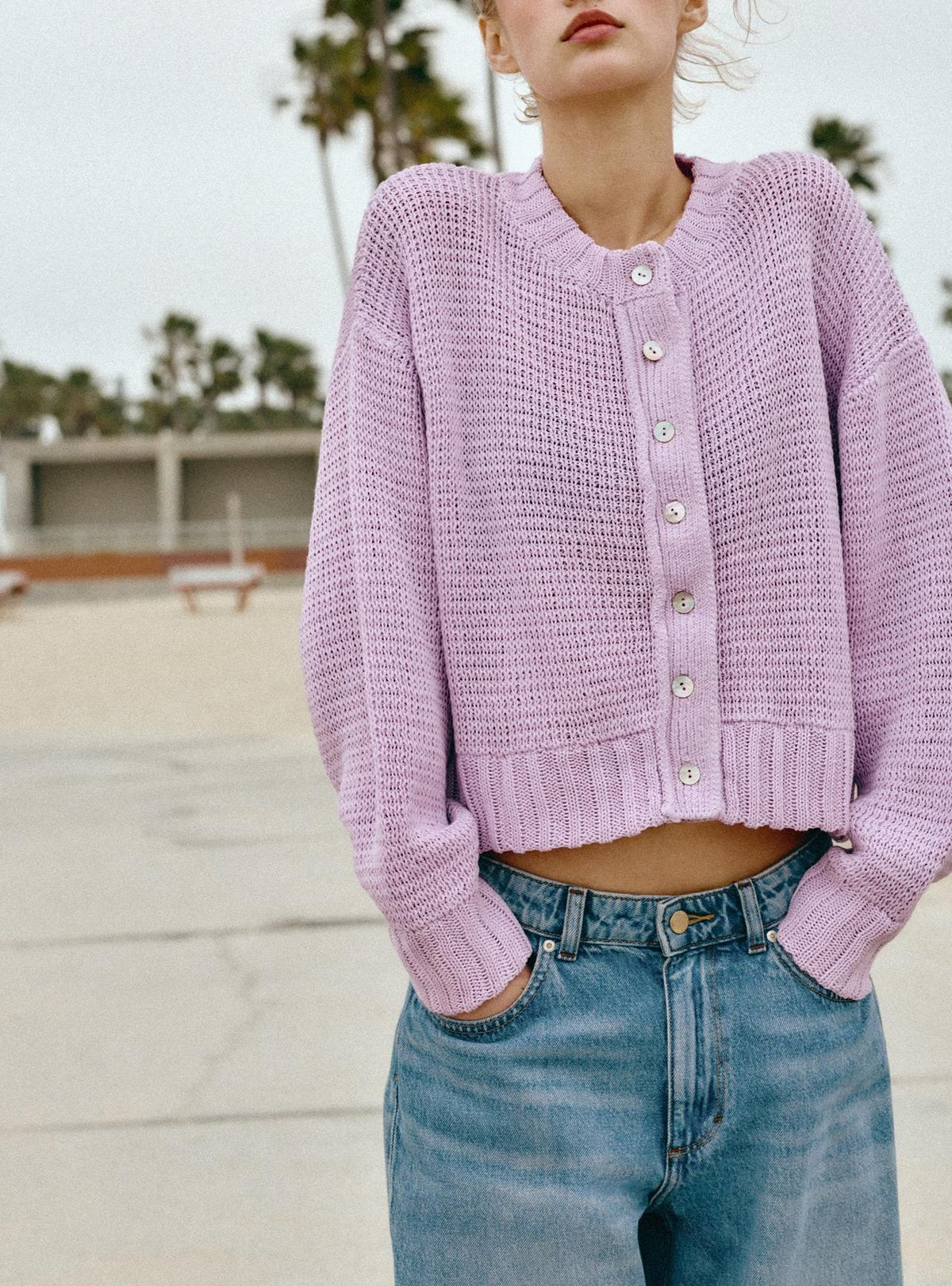 Women's purple knitted short cardigan, single-breasted button front, long sleeves