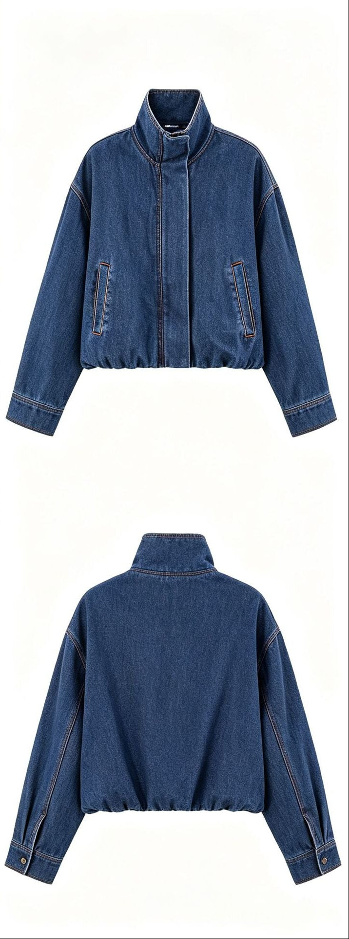Cropped Denim Jacket for Women — Oversized Zip-Up Style with Elastic Hem