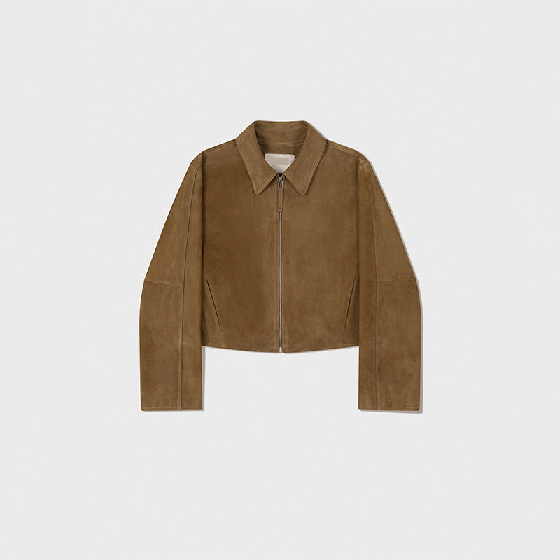 Front view of the brown suede jacket with a collar, central zipper, and long sleeves.