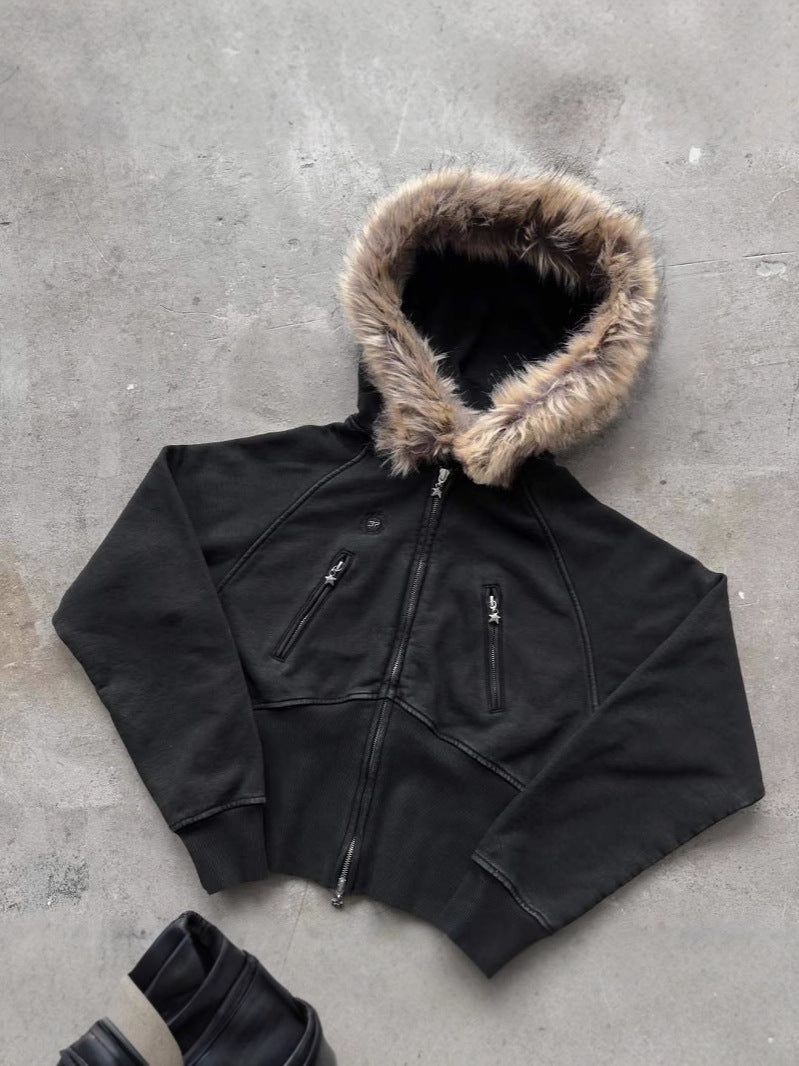 Black zip-up plush hoodie jacket with faux-fur hood, front pockets, slim fit