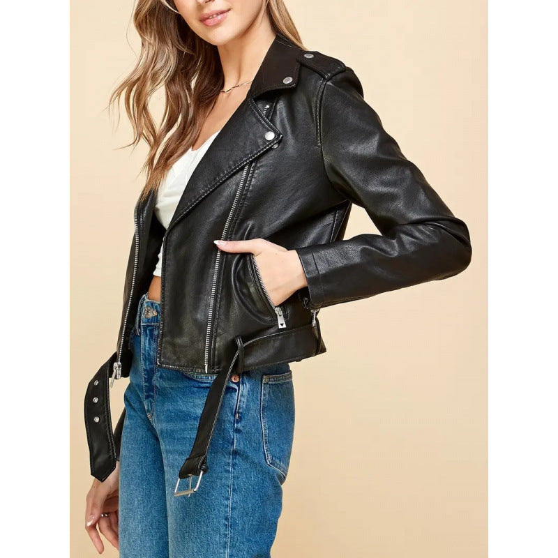 Women's short PU leather jacket in black, zip-front biker style with belted waist